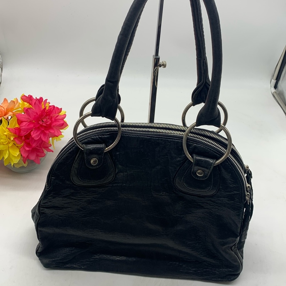 Latico Large Leather Black Satchel with cute floral lining and 3 large pockets